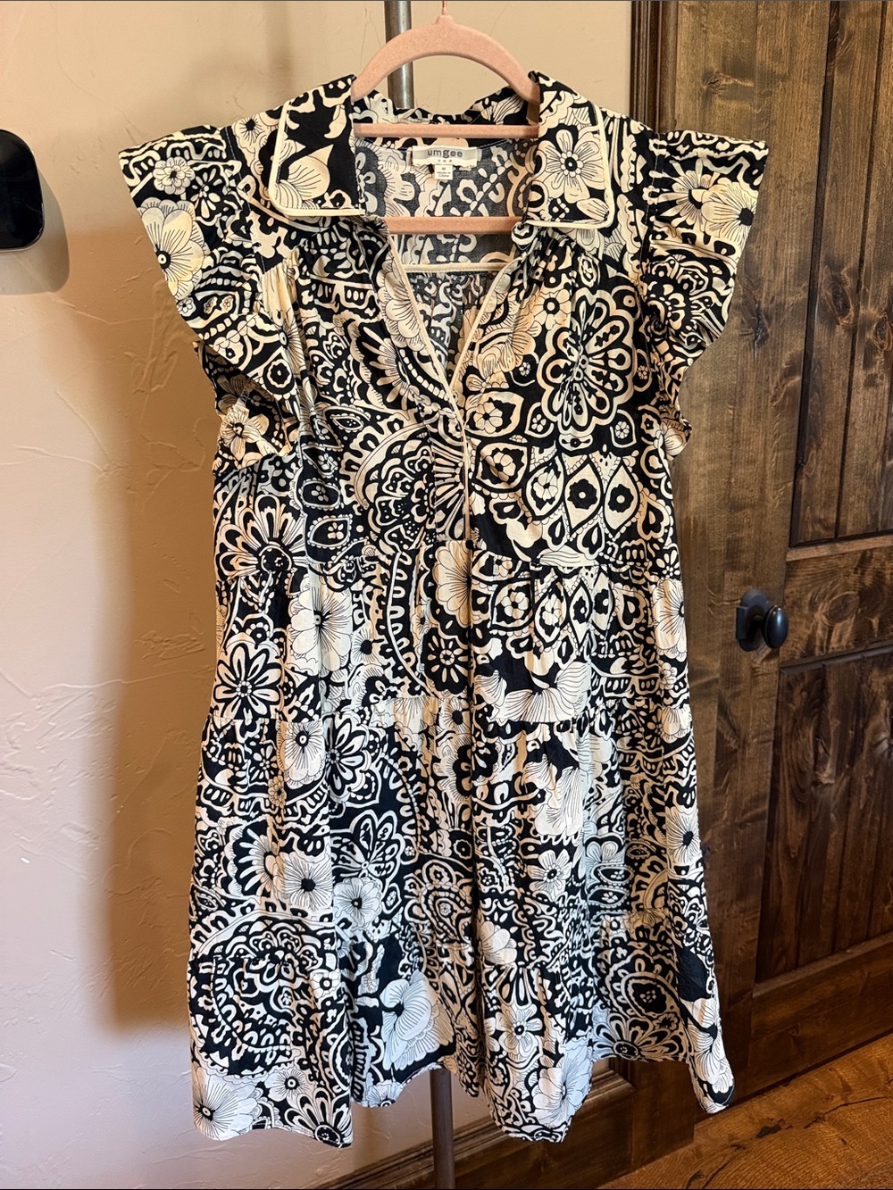 Black & Cream Floral Print Mini Dress with V-Neck